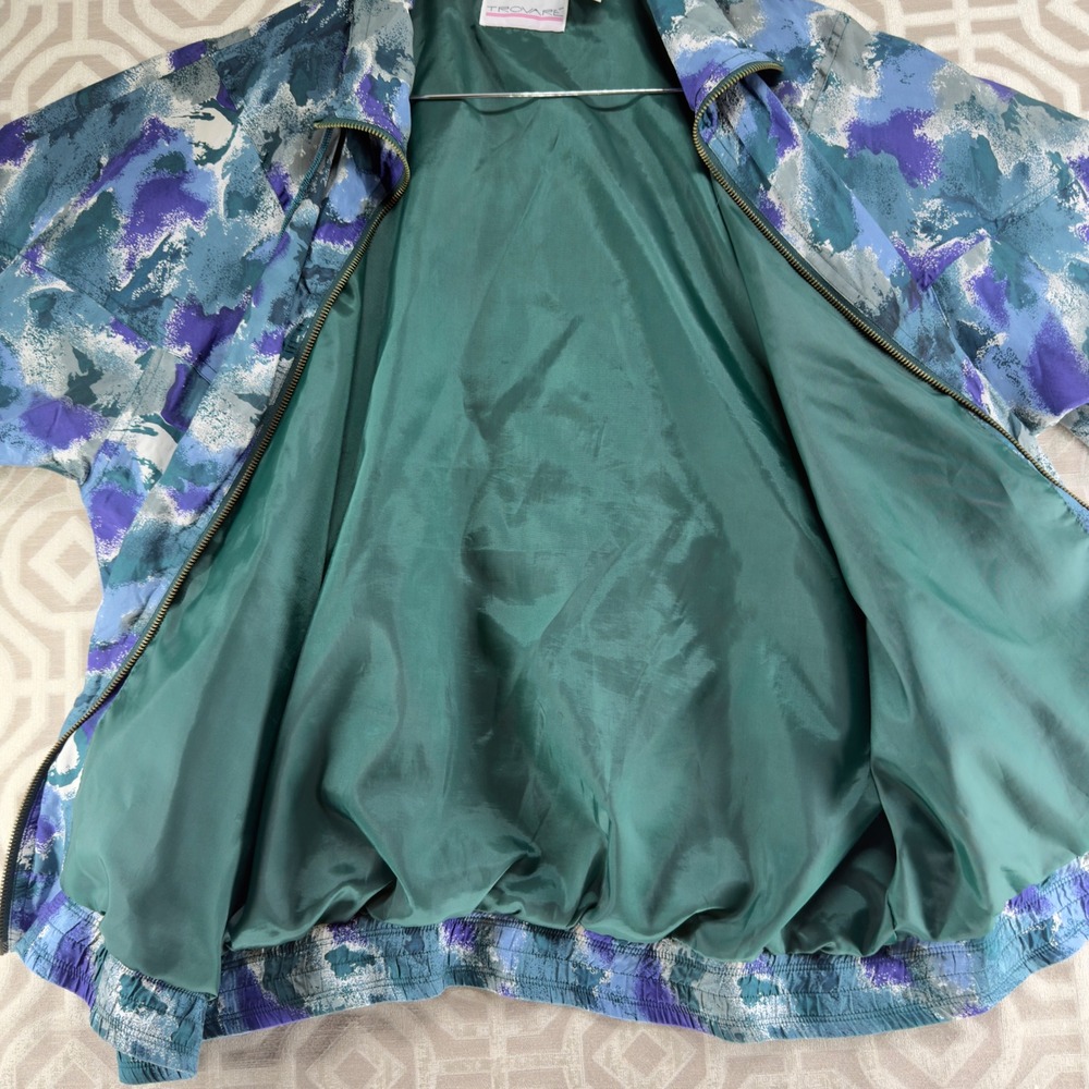 Trovare Vintage 100% Silk Abstract Watercolor Bomber Jacket Blue Purple Womens M - Picture 3 of 8